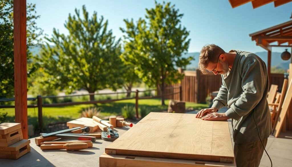 A serene outdoor setting featuring a skilled woodworker creating a beautiful wooden project on a sunlit patio. In the foreground, the artisan, dressed in comfortable, modest casual clothing, is focused on sanding a wooden tabletop. Surrounding them, various woodworking tools like saws, chisels, and wooden pieces are neatly arranged on a workbench. In the middle ground, lush green trees sway gently in a soft breeze, providing a calm and inviting atmosphere. The background showcases a rustic wooden fence and distant mountains under a clear blue sky, with warm natural lighting illuminating the scene. The overall mood is tranquil and therapeutic, capturing the essence of working with wood in nature, highlighting relaxation and focus.