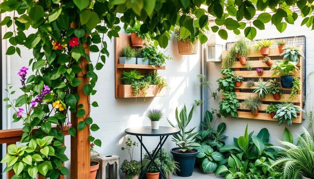 A serene outdoor setting featuring a variety of vertical gardening ideas designed for small spaces. In the foreground, showcase lush green plants cascading down from a wooden trellis with vibrant flowers peeking through. The middle ground displays a wall-mounted planter filled with herbs and succulents, while a stylish vertical pallet garden adds texture and color. In the background, a cozy seating area with a small bistro table surrounded by greenery invites relaxation. Soft sunlight filters through leaves, casting gentle shadows and creating an airy, well-lit atmosphere. The composition is balanced and harmonious, evoking a sense of calm and tranquility, perfect for enhancing outdoor spaces. The image is focused with a slight depth of field, highlighting the vertical elements. A serene outdoor setting featuring a variety of vertical gardening ideas designed for small spaces. In the foreground, showcase lush green plants cascading down from a wooden trellis with vibrant flowers peeking through. The middle ground displays a wall-mounted planter filled with herbs and succulents, while a stylish vertical pallet garden adds texture and color. In the background, a cozy seating area with a small bistro table surrounded by greenery invites relaxation. Soft sunlight filters through leaves, casting gentle shadows and creating an airy, well-lit atmosphere. The composition is balanced and harmonious, evoking a sense of calm and tranquility, perfect for enhancing outdoor spaces. The image is focused with a slight depth of field, highlighting the vertical elements.