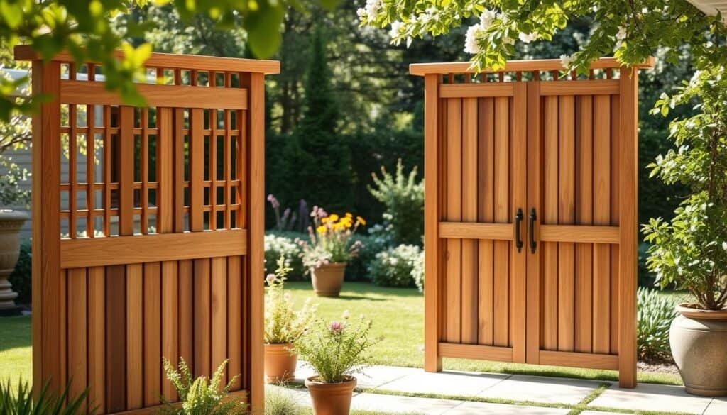 A serene outdoor setting featuring beautifully crafted wooden privacy screens that exude character and warmth. In the foreground, showcase two elegant wooden screens, intricately designed with natural wood grain textures and rich, warm tones. The middle ground includes soft greenery, such as potted plants and flowering shrubs, creating a lush, inviting atmosphere. The background features a gently blurred garden, with soft sunlight filtering through leafy branches, casting dappled shadows. Use natural lighting to highlight the wood's finish, ensuring a warm and cozy mood. Capture the scene from a slightly elevated angle, emphasizing the height and structure of the screens while integrating elements of nature that enhance the sense of privacy and tranquility. The overall ambiance should feel welcoming and stylish, perfect for a personal oasis in any yard.