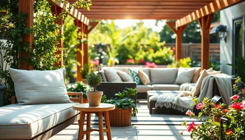 A serene outdoor setting featuring comfortable seating arrangements that invite relaxation. In the foreground, a plush, weather-resistant lounge chair with soft cushioning and a light, neutral fabric sits next to a small wooden side table adorned with a fragrant potted plant. The middle ground showcases a cozy sofa, draped with colorful, textured pillows and a light throw blanket, surrounded by lush greenery and vibrant flowers. In the background, a softly lit patio area is framed by a wooden pergola, allowing gentle sunlight to filter through. The atmosphere conveys calmness and tranquility, with bright, natural light casting soft shadows, enhancing the warm, welcoming vibe of the space. The composition should evoke feelings of comfort and peaceful outdoor living. A serene outdoor setting featuring comfortable seating arrangements that invite relaxation. In the foreground, a plush, weather-resistant lounge chair with soft cushioning and a light, neutral fabric sits next to a small wooden side table adorned with a fragrant potted plant. The middle ground showcases a cozy sofa, draped with colorful, textured pillows and a light throw blanket, surrounded by lush greenery and vibrant flowers. In the background, a softly lit patio area is framed by a wooden pergola, allowing gentle sunlight to filter through. The atmosphere conveys calmness and tranquility, with bright, natural light casting soft shadows, enhancing the warm, welcoming vibe of the space. The composition should evoke feelings of comfort and peaceful outdoor living.