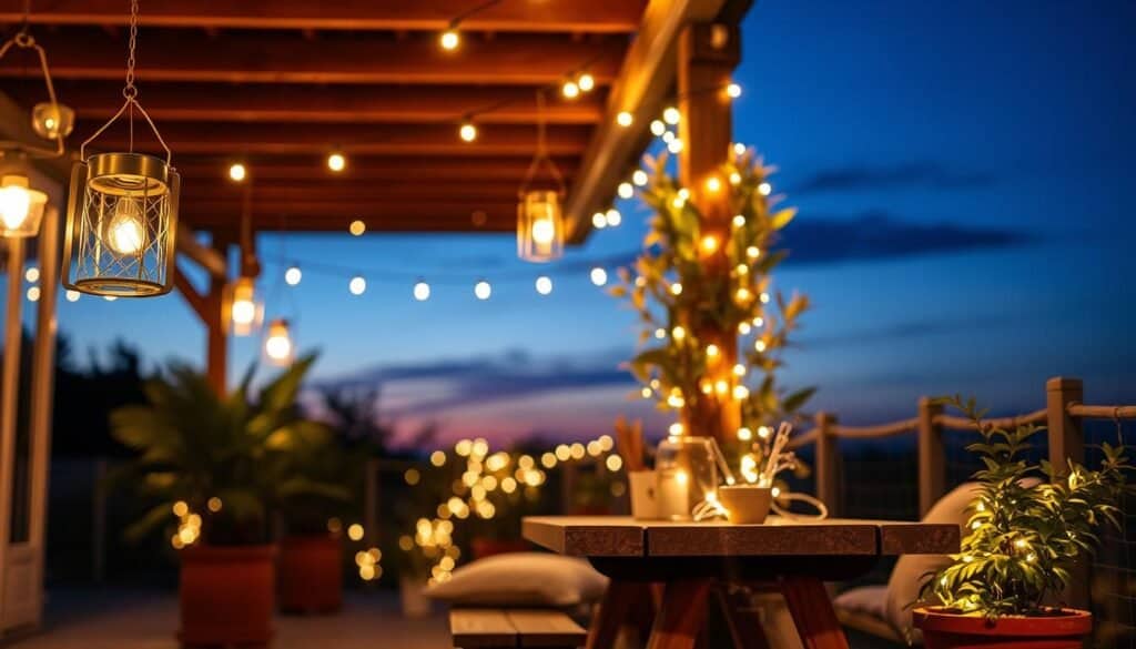 A serene outdoor setting in the evening, showcasing an inviting patio adorned with soft ambient lighting. In the foreground, delicate lanterns hang from wooden beams, casting gentle glows on a rustic wooden table set with cozy cushions. The middle ground features potted plants with vibrant foliage, their leaves subtly illuminated by warm fairy lights intertwined around them. In the background, a softly blurred outline of a twilight sky fades into hues of deep blue and purple, hinting at the stars beginning to twinkle. The atmosphere is tranquil and calming, evoking a sense of peace and relaxation. Use a warm color palette to enhance the soothing mood, with the lighting resembling the soft touch of dusk. The scene should feel airy and spacious, captured with a wide-angle lens to emphasize depth and comfort. A serene outdoor setting in the evening, showcasing an inviting patio adorned with soft ambient lighting. In the foreground, delicate lanterns hang from wooden beams, casting gentle glows on a rustic wooden table set with cozy cushions. The middle ground features potted plants with vibrant foliage, their leaves subtly illuminated by warm fairy lights intertwined around them. In the background, a softly blurred outline of a twilight sky fades into hues of deep blue and purple, hinting at the stars beginning to twinkle. The atmosphere is tranquil and calming, evoking a sense of peace and relaxation. Use a warm color palette to enhance the soothing mood, with the lighting resembling the soft touch of dusk. The scene should feel airy and spacious, captured with a wide-angle lens to emphasize depth and comfort.