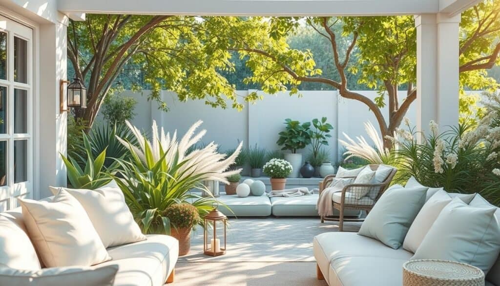 A serene outdoor space featuring a collection of soothing color palettes. In the foreground, a beautifully arranged seating area with soft, cozy cushions in pale blues, muted greens, and gentle creams, inviting relaxation. The middle section showcases lush, gracefully swaying plants, interspersed with delicate outdoor decor elements like lanterns and subtly patterned textiles. In the background, a tranquil garden setting bathed in soft, warm sunlight filters through leafy branches, creating dapples of light and shadow. Capture this scene with a wide-angle lens to emphasize the expansive feel of the space, enhancing the calming atmosphere. The overall mood is peaceful and refreshing, embodying a perfect outdoor oasis designed for unwinding and rejuvenation. No text or overlays are present, focusing solely on the visual harmony of colors and nature. A serene outdoor space featuring a collection of soothing color palettes. In the foreground, a beautifully arranged seating area with soft, cozy cushions in pale blues, muted greens, and gentle creams, inviting relaxation. The middle section showcases lush, gracefully swaying plants, interspersed with delicate outdoor decor elements like lanterns and subtly patterned textiles. In the background, a tranquil garden setting bathed in soft, warm sunlight filters through leafy branches, creating dapples of light and shadow. Capture this scene with a wide-angle lens to emphasize the expansive feel of the space, enhancing the calming atmosphere. The overall mood is peaceful and refreshing, embodying a perfect outdoor oasis designed for unwinding and rejuvenation. No text or overlays are present, focusing solely on the visual harmony of colors and nature.