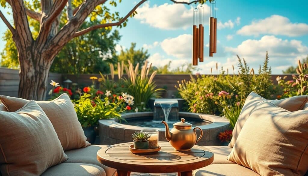 A serene outdoor space featuring mindful accessories that promote calmness. In the foreground, an inviting seating area with soft, textured cushions in muted earth tones. A small wooden coffee table holds a fragrant candle, a potted succulent, and a steaming teapot. In the middle, a gently flowing water feature surrounded by vibrant greenery and wildflowers. Elegant wind chimes dangle from a nearby tree, softly clinking in the breeze. The background includes a clear blue sky with soft, fluffy clouds, filtering warm, golden sunlight. The scene exudes tranquility and harmony, with a focus on natural materials and a well-balanced layout that encourages relaxation. The atmosphere is peaceful, inviting viewers to imagine themselves in this calming outdoor haven. A serene outdoor space featuring mindful accessories that promote calmness. In the foreground, an inviting seating area with soft, textured cushions in muted earth tones. A small wooden coffee table holds a fragrant candle, a potted succulent, and a steaming teapot. In the middle, a gently flowing water feature surrounded by vibrant greenery and wildflowers. Elegant wind chimes dangle from a nearby tree, softly clinking in the breeze. The background includes a clear blue sky with soft, fluffy clouds, filtering warm, golden sunlight. The scene exudes tranquility and harmony, with a focus on natural materials and a well-balanced layout that encourages relaxation. The atmosphere is peaceful, inviting viewers to imagine themselves in this calming outdoor haven.