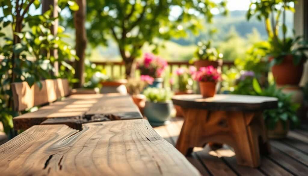 A serene outdoor space featuring sustainable wood options, such as a beautifully crafted wooden bench and a small, rustic table made from reclaimed wood. The foreground showcases intricate grain patterns and textures on the wood, highlighting its eco-friendly appeal. In the middle ground, lush greenery and vibrant potted plants create a warm, inviting atmosphere, with sunlight filtering through the leaves. The background features a soft-focus of a serene garden or natural landscape, evoking a sense of tranquility. The image is captured in natural daylight with a shallow depth of field to enhance the focus on the wooden pieces. The overall mood is peaceful and eco-conscious, perfect for inspiration on enhancing outdoor spaces with sustainable materials.
