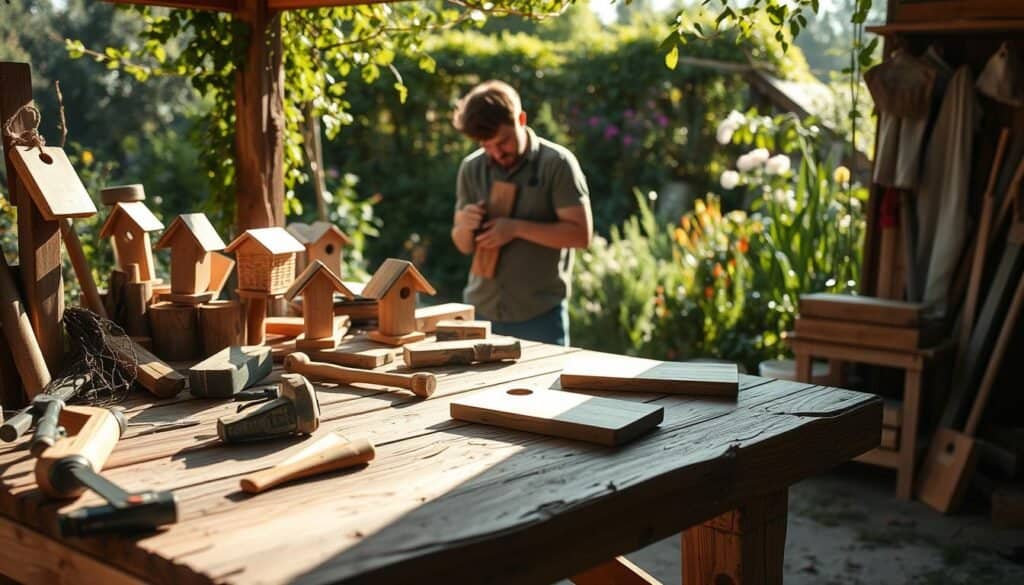 A serene outdoor woodworking scene, depicting a cozy, rustic workspace. In the foreground, a weathered wooden workbench is cluttered with simple tools like a saw, hammer, and some unfinished wooden projects such as birdhouses and planters. Soft morning light illuminates the scene, casting gentle shadows. In the middle ground, a person wearing modest casual clothing is thoughtfully sanding a piece of wood, with a focused but relaxed expression. The background features a lush garden setting, with greenery and flowers framing the scene, enhancing the feeling of creativity and inspiration in nature. The atmosphere is inviting and calming, perfect for those looking to engage in simple wood projects.