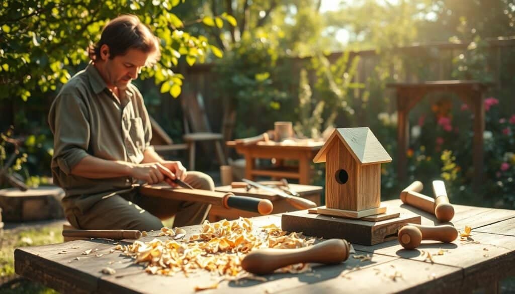 A serene outdoor woodworking scene set in a sunlit garden. In the foreground, a skilled individual in modest casual clothing focuses intently on shaping a piece of wood with traditional hand tools. Nearby, scattered wood shavings create a natural texture around the crafting area. In the middle ground, a rustic workbench displays various woodworking tools like chisels and saws, while a small, partially crafted wooden birdhouse sits proudly, symbolizing creativity. The background features lush greenery and flowering plants, enhancing the tranquil, therapeutic atmosphere. Soft, warm sunlight filters through the leaves, casting gentle shadows that add depth and warmth to the scene. The overall mood is peaceful and inspiring, encapsulating the joy and benefits of outdoor woodworking.