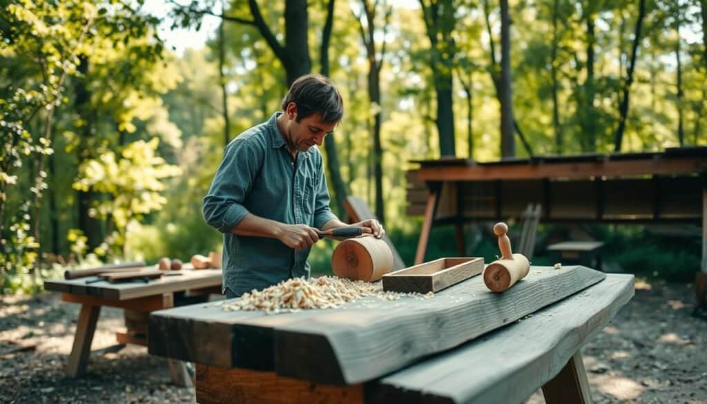 A serene outdoor woodworking scene showcasing the therapeutic power of working with wood. In the foreground, a focused individual in modest casual clothing skillfully carves a wooden piece with a chisel, surrounded by shavings. The middle ground features a rustic workbench made of reclaimed wood, with hand tools and partially crafted wooden items scattered around. The background reveals a lush green forest, dappled with soft sunlight filtering through the leaves, creating a warm, inviting atmosphere. The image is captured with a shallow depth of field, drawing attention to the subject while softly blurring the vibrant nature beyond. The mood is peaceful and calming, ideal for illustrating a restorative, nature-infused woodworking experience. A serene outdoor woodworking scene showcasing the therapeutic power of working with wood. In the foreground, a focused individual in modest casual clothing skillfully carves a wooden piece with a chisel, surrounded by shavings. The middle ground features a rustic workbench made of reclaimed wood, with hand tools and partially crafted wooden items scattered around. The background reveals a lush green forest, dappled with soft sunlight filtering through the leaves, creating a warm, inviting atmosphere. The image is captured with a shallow depth of field, drawing attention to the subject while softly blurring the vibrant nature beyond. The mood is peaceful and calming, ideal for illustrating a restorative, nature-infused woodworking experience.