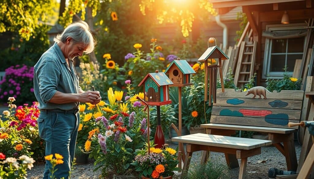 A serene outdoor workshop scene, showcasing a sun-drenched garden filled with vibrant flowers. In the foreground, a skilled artisan, dressed in modest casual clothing, is carefully crafting whimsical sculptures from colorful scrap wood. The middle ground features various finished garden art pieces, including a birdhouse with intricate designs, a wooden wind chime, and a rustic bench adorned with painted patterns, all set among lush greenery. In the background, wooden tools and sawdust hint at the creativity in progress. The soft golden hour light casts gentle shadows, enhancing the warm atmosphere of creativity and tranquility, with a shallow depth of field that emphasizes the art while softly blurring the background. A serene outdoor workshop scene, showcasing a sun-drenched garden filled with vibrant flowers. In the foreground, a skilled artisan, dressed in modest casual clothing, is carefully crafting whimsical sculptures from colorful scrap wood. The middle ground features various finished garden art pieces, including a birdhouse with intricate designs, a wooden wind chime, and a rustic bench adorned with painted patterns, all set among lush greenery. In the background, wooden tools and sawdust hint at the creativity in progress. The soft golden hour light casts gentle shadows, enhancing the warm atmosphere of creativity and tranquility, with a shallow depth of field that emphasizes the art while softly blurring the background.