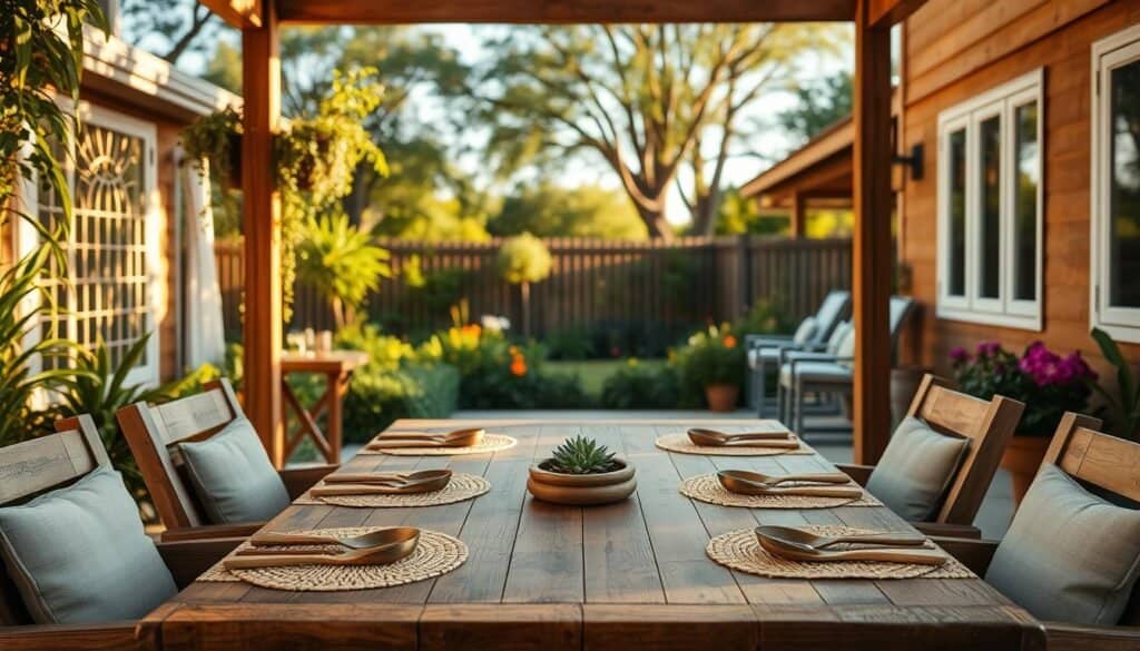 A serene wooden dining area set in an inviting backyard, featuring a rustic wooden table surrounded by comfortable, modestly designed chairs. In the foreground, the table is elegantly laid with natural textures, such as woven placemats and stylish wooden cutlery. In the middle ground, lush greenery and vibrant flowers frame the dining area, creating a cozy, welcoming atmosphere. The background features a soft-focus view of trees and a clear blue sky, contributing to a tranquil ambiance. The lighting is warm, with soft golden hour sunlight casting gentle shadows, adding depth and warmth to the scene. Capture this image from a slightly elevated angle to convey the inviting nature of the space, emphasizing its role as a social heart for gatherings.