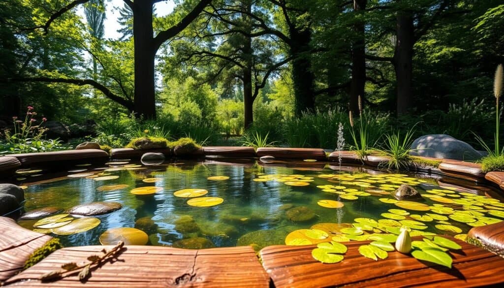 A serene wooden-edged garden pond nestled in a lush green setting. In the foreground, the pond's crystal-clear water reflects sunlight, surrounded by smooth river stones and vibrant aquatic plants like water lilies and duckweed. The middle ground features richly textured wooden planks artfully forming the pond's edges, with moss and small ferns subtly decorating the wood. In the background, tall trees create a natural canopy, their leaves casting playful shadows on the water surface. The sunlight filters through, creating a warm, inviting glow that enhances the tranquil atmosphere. The scene should evoke a sense of peace and harmony with nature, inviting viewers to imagine themselves in this outdoor retreat. The image should be captured from a slightly elevated angle to showcase the pond's entirety within its harmonious setting.