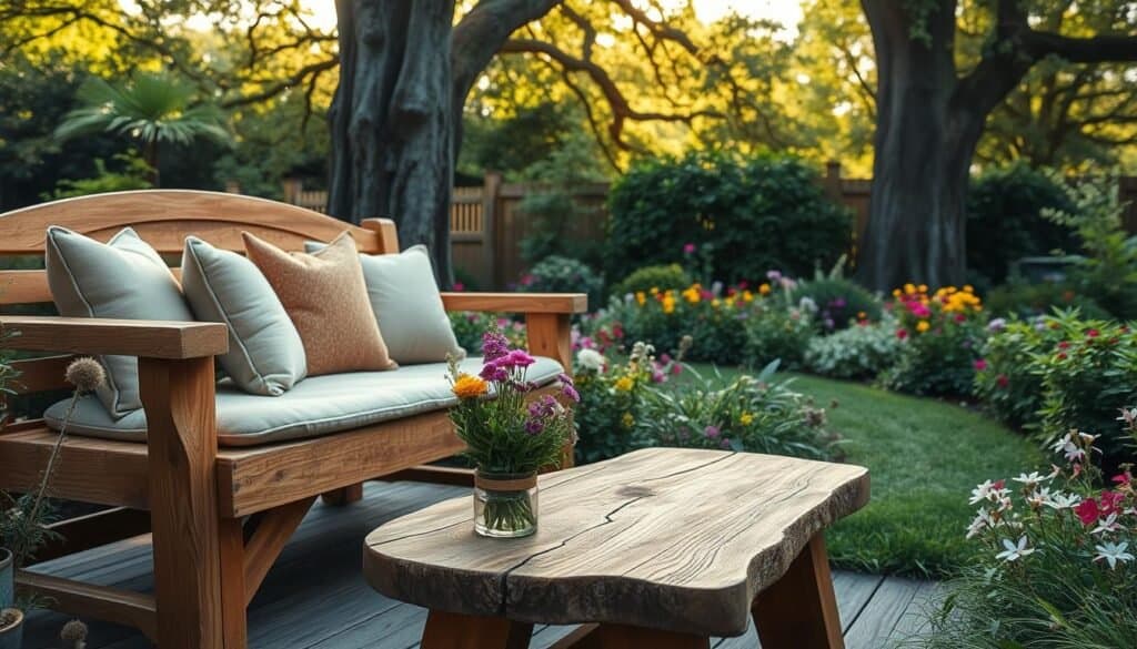 A serene wooden seating area nestled in a lush garden, featuring a handcrafted bench made from warm, weathered oak, complemented by artisanal cushions in soft, earthy tones. In the foreground, a rustic wooden table holds a small vase of vibrant wildflowers, inviting relaxation. The middle ground showcases a vibrant array of flowering plants and green shrubs, creating a harmonious and tranquil setting. In the background, towering trees filter soft, golden sunlight, casting gentle shadows across the scene. The overall mood is peaceful and inviting, perfect for a moment of reflection. The image is captured from a slightly elevated angle to emphasize the seating area, with a focus on natural lighting to enhance the warmth of the wood and the colors of the garden.