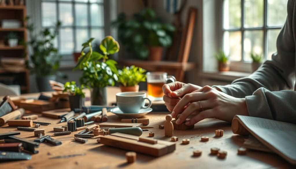 A serene workspace filled with natural light, featuring a wooden table cluttered with tiny DIY wood crafting tools like saws, chisels, and sandpaper. In the foreground, a pair of hands of a person in casual attire carefully sanding a small wooden figure. The mid-ground shows vibrant plants and a cup of tea, creating a cozy atmosphere that signifies relaxation and focus. The background reveals a sunlit window, with soft light casting gentle shadows that enhance the welcoming and calm environment. The image should evoke feelings of tranquility and mindfulness, illustrating the profound connection between crafting and mental wellbeing without any distractions or text overlays.
