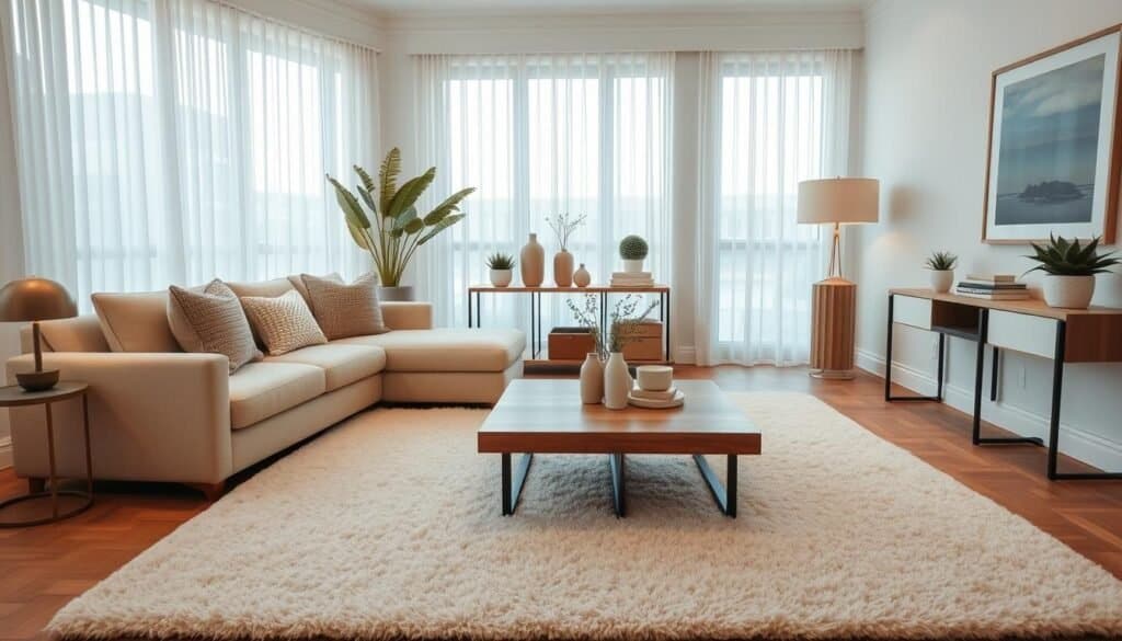 A sophisticated living room with neutral tones, featuring a comfortable, L-shaped beige sofa adorned with textured pillows, and a sleek wooden coffee table at its center. The foreground highlights a plush area rug in soft cream, creating warmth. In the middle ground, a minimalist console table displays modern decor items and potted plants, enhancing the serene atmosphere. The background showcases large windows with sheer curtains allowing natural light to flood the room, creating a bright and airy feel. Subtle artwork in muted tones hangs on the walls, adding sophistication without overwhelming the space. The scene is softly illuminated, with a warm, inviting glow, shot from a corner angle to capture depth and balance. This image evokes a tranquil, modern ambiance perfect for relaxation and social gatherings in a stylish, neutral living room.