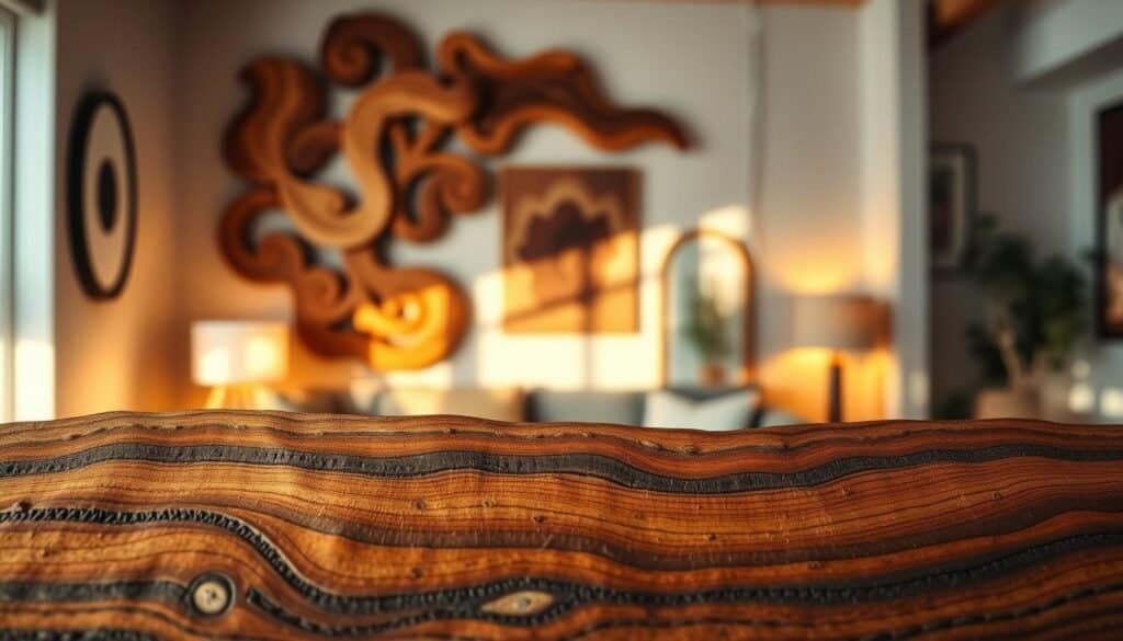 A stunning wooden wall art piece crafted from rich, natural wood grains, featuring intricate carvings and organic shapes that create a sense of depth. In the foreground, showcase the textured surface of the wood, emphasizing its unique patterns and hues. In the middle ground, display the art hung on a softly lit wall, surrounded by subtle complementary decor items that enhance its beauty. The background should include a cozy, stylish living room setting with warm ambient lighting, casting gentle shadows that highlight the art piece. The scene evokes a welcoming and personal atmosphere, inviting viewers to appreciate handmade craftsmanship and artistry in home decor. Aim for a realistic photography style, using a warm color palette and natural light to enhance the overall warmth and character of the space.
