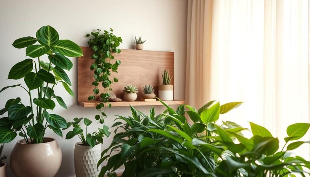 A stylish indoor plant display that evokes a sense of calm and energy. In the foreground, a variety of lush green plants, including a tall fiddle leaf fig and cascading pothos, arranged artfully in elegant ceramic pots. The middle section features a sleek wooden shelf adorned with smaller succulents and decorative stones, showcasing their natural beauty. In the background, a softly glowing window allows warm, natural light to filter through sheer curtains, creating an inviting atmosphere. The overall mood is serene and uplifting, with a focus on harmonious design and earthy colors. Capture this scene with a soft focus lens, emphasizing the textures of the leaves and the warmth of the light, ensuring a cozy aesthetic without any text or distractions.