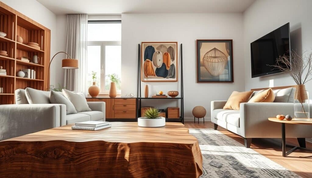 A stylish living room featuring balancing wooden elements against a backdrop of contemporary furnishings. In the foreground, a warm, textured wooden coffee table is paired with a soft, neutral-colored sofa adorned with plush pillows. The middle ground includes a sleek bookshelf displaying a mix of wooden and metal decorative items, while an elegantly framed art piece with earthy tones adorns the wall. Natural light pours in from a large window, casting soft shadows and creating a cozy, inviting atmosphere. The room features a stylish rug that complements the wooden details, enhancing the overall aesthetic. Shot with a wide-angle lens to capture the spaciousness, the focus is on the harmony of wood with other materials, emphasizing warmth and balance in interior design.