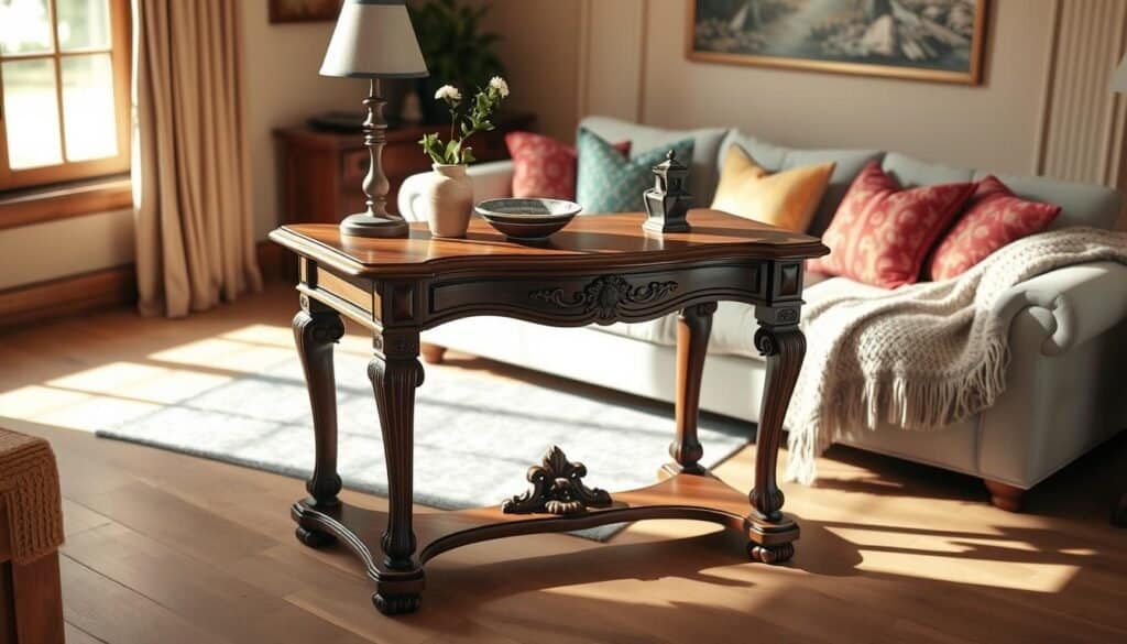 A stylish wooden console table made from rich mahogany, featuring elegant carvings and a smooth surface, stands prominently in a warm, inviting living room. The table is adorned with tasteful decorations such as a small potted plant, a vintage lamp, and a decorative bowl, casting soft shadows on the surface. In the background, a cozy couch draped in a textured throw and colorful cushions adds to the comfort of the space, while a large window allows natural light to flood the room, creating a serene atmosphere. The overall composition conveys a sense of warmth and sophistication, enhancing the charm of the living area. The image should be captured from a slight angle, showcasing the table’s details and the inviting ambiance of the room.