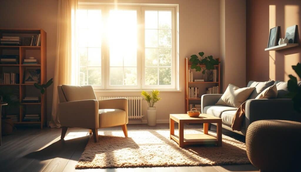A sun-drenched living room filled with soft, warm natural light streaming through large, airy windows. In the foreground, a cozy, stylish armchair in neutral tones is positioned beside a wooden coffee table adorned with a small potted plant. The middle ground features a plush area rug that complements the furniture, while gently illuminated shelves display an assortment of books and decorative items. The background reveals a wall painted in calming, earthy shades, enhancing the tranquil atmosphere. The light casts gentle shadows, creating a serene ambiance, evoking a sense of peace and rejuvenation. Use a soft focus lens to capture the warmth and inviting nature of the space, emphasizing the interplay of light and materials. The scene should reflect a harmonious blend of comfort and elegance. A sun-drenched living room filled with soft, warm natural light streaming through large, airy windows. In the foreground, a cozy, stylish armchair in neutral tones is positioned beside a wooden coffee table adorned with a small potted plant. The middle ground features a plush area rug that complements the furniture, while gently illuminated shelves display an assortment of books and decorative items. The background reveals a wall painted in calming, earthy shades, enhancing the tranquil atmosphere. The light casts gentle shadows, creating a serene ambiance, evoking a sense of peace and rejuvenation. Use a soft focus lens to capture the warmth and inviting nature of the space, emphasizing the interplay of light and materials. The scene should reflect a harmonious blend of comfort and elegance.