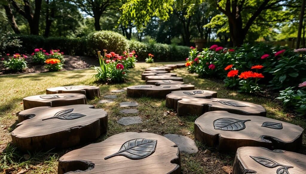 A tranquil garden scene featuring creatively designed wooden stepping stones, each uniquely shaped and intricately carved with natural motifs like leaves and flowers. In the foreground, the stones are arranged along a winding path, showcasing their beautiful textures and earthy tones. The middle ground features lush greenery and vibrant blooming flowers surrounding the path, enhancing the natural aesthetic. In the background, soft sunlight filters through leafy trees, casting gentle shadows and creating a serene atmosphere. The angle is slightly elevated, allowing a clear view of the stepping stones leading deeper into the garden. The overall mood is peaceful and inviting, perfect for a moment of relaxation in a nature-inspired setting. A tranquil garden scene featuring creatively designed wooden stepping stones, each uniquely shaped and intricately carved with natural motifs like leaves and flowers. In the foreground, the stones are arranged along a winding path, showcasing their beautiful textures and earthy tones. The middle ground features lush greenery and vibrant blooming flowers surrounding the path, enhancing the natural aesthetic. In the background, soft sunlight filters through leafy trees, casting gentle shadows and creating a serene atmosphere. The angle is slightly elevated, allowing a clear view of the stepping stones leading deeper into the garden. The overall mood is peaceful and inviting, perfect for a moment of relaxation in a nature-inspired setting.