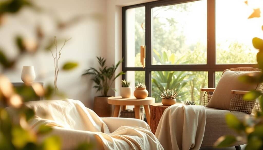 A tranquil living space infused with calming elements, showcasing a minimalist room design that promotes peace and serenity. In the foreground, soft textures of natural fabrics like linen and cotton are draped over a cozy armchair, with a handmade wooden side table adorned with delicate succulents. The middle layer features a subtle display of calming sound-related decor, such as wind chimes and a small fountain, contributing to a soothing auditory experience. The background captures a large window revealing a lush, serene garden bathed in gentle sunlight. Warm, diffused light fills the room, casting soft shadows, while hints of greenery frame the scene, evoking a sense of harmony with nature. The atmosphere is peaceful and inviting, ideal for relaxation and rejuvenation. A tranquil living space infused with calming elements, showcasing a minimalist room design that promotes peace and serenity. In the foreground, soft textures of natural fabrics like linen and cotton are draped over a cozy armchair, with a handmade wooden side table adorned with delicate succulents. The middle layer features a subtle display of calming sound-related decor, such as wind chimes and a small fountain, contributing to a soothing auditory experience. The background captures a large window revealing a lush, serene garden bathed in gentle sunlight. Warm, diffused light fills the room, casting soft shadows, while hints of greenery frame the scene, evoking a sense of harmony with nature. The atmosphere is peaceful and inviting, ideal for relaxation and rejuvenation.