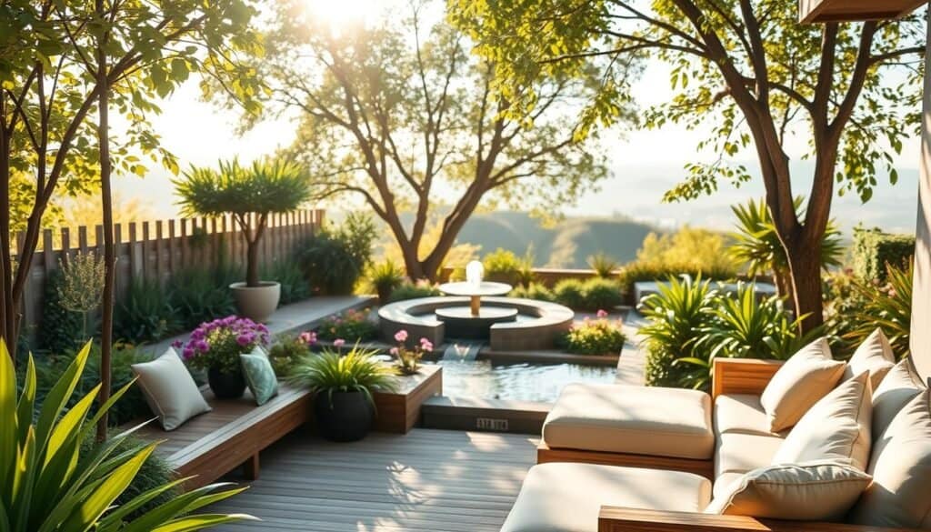 A tranquil outdoor acoustic sanctuary featuring a serene garden space. In the foreground, a stylish wooden seating area with plush cushions, surrounded by lush greenery, plants, and colorful flowers. The middle ground showcases soothing water features, such as a small pond or fountain, reflecting gentle sunlight. Soft, dappled light filters through leafy trees, creating a calming atmosphere. The background includes a soft-focus view of distant hills or a serene skyline, enhancing the peaceful vibe. The scene is bathed in warm, golden hues, with bright natural daylight filtering through, emphasizing a sense of openness and tranquility. The angle is slightly elevated, capturing the layout of the space while focusing on the inviting seating arrangement. A tranquil outdoor acoustic sanctuary featuring a serene garden space. In the foreground, a stylish wooden seating area with plush cushions, surrounded by lush greenery, plants, and colorful flowers. The middle ground showcases soothing water features, such as a small pond or fountain, reflecting gentle sunlight. Soft, dappled light filters through leafy trees, creating a calming atmosphere. The background includes a soft-focus view of distant hills or a serene skyline, enhancing the peaceful vibe. The scene is bathed in warm, golden hues, with bright natural daylight filtering through, emphasizing a sense of openness and tranquility. The angle is slightly elevated, capturing the layout of the space while focusing on the inviting seating arrangement.