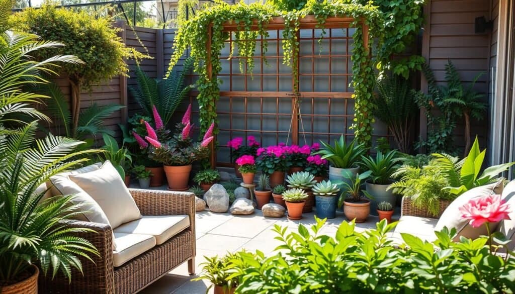 A tranquil outdoor oasis, featuring a variety of lush greenery and ornamental plants, such as ferns, potted succulents, and blooming flowers. In the foreground, a cozy seating area with tasteful outdoor furniture surrounded by soft cushions, emphasizing a serene atmosphere. The middle ground showcases a neatly arranged collection of potted plants in vibrant colors, interspersed with decorative stones and natural wood elements. In the background, a subtle wooden trellis draped with cascading vines catches the soft morning light, creating a peaceful and inviting scene. The lighting is bright and natural, with airy, diffused sunlight filtering through, enhancing the vibrant greens and soft details of the setting. The overall mood is refreshing and harmonious, ideal for a quiet retreat.
