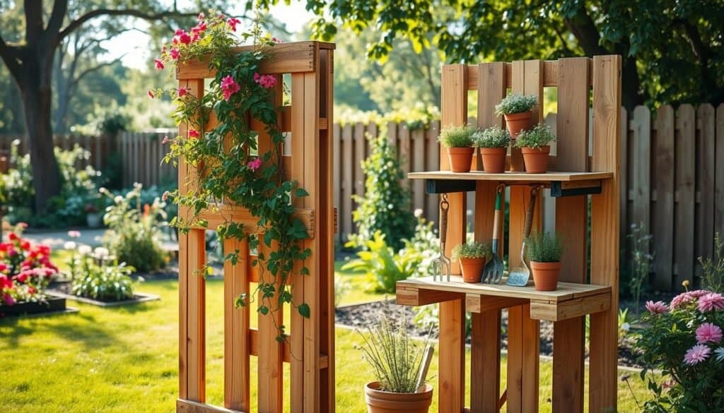A vibrant garden scene featuring creatively transformed wooden pallets used for storage solutions. In the foreground, show a pallet vertically repurposed as a trellis, adorned with climbing plants and colorful flowers. The middle ground should include a horizontal pallet shelf, displaying small potted herbs and gardening tools. In the background, an inviting garden landscape with green grass, blooming plants, and a wooden fence creates a serene atmosphere. Soft, natural sunlight streams through trees, casting gentle shadows and enhancing the warm, rustic charm of the wooden pallets. Capture this lively outdoor space from a slightly elevated angle to emphasize both the unique pallet projects and the richness of the garden setting.