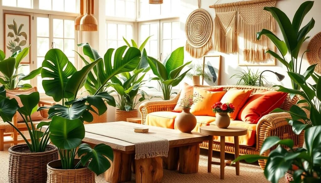 A vibrant tropical bohemian living room filled with lush green plants and wooden details. In the foreground, a large monstera plant in a woven basket sits beside a rustic wooden coffee table adorned with a textured, earth-toned runner. The middle ground features a comfortable, oversized rattan sofa with vibrant throw pillows in warm, tropical colors. A round, wooden side table holds a unique ceramic vase with fresh flowers. In the background, large windows invite natural light, casting soft shadows and enhancing the calming atmosphere. The walls are adorned with framed botanical art and woven wall hangings. The scene exudes a warm, inviting mood with a harmonious blend of natural elements and bohemian style. Soft, diffused lighting accentuates the textures and colors, creating a refreshing and cozy space.