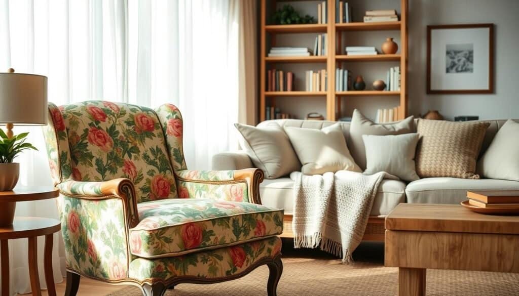 A warm and inviting living room scene, highlighting the concept of furniture rejuvenation. In the foreground, a beautifully restored vintage armchair, upholstered in a vibrant floral fabric, sits beside a wooden side table with a fresh pot of greenery. The middle ground features a cozy sofa with new cushions and a textured throw blanket, inviting relaxation. In the background, a stylish bookshelf displays neatly arranged books and decorative items. Soft, natural light filters through sheer curtains, casting gentle shadows and creating a serene atmosphere. The composition is shot from a slightly elevated angle to capture the charm and character of the space, evoking a sense of revitalization and comfort in home décor.
