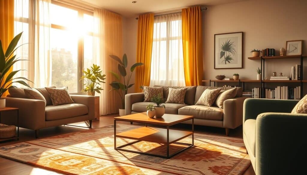 A warm, inviting living room infused with vibrant energy, featuring a cozy arrangement of stylish, modern furniture. In the foreground, a soft, colorful area rug grounds the space, while a minimalist coffee table with a small potted plant adds a touch of greenery. The middle layer showcases a large window allowing natural sunlight to flood in, illuminating the room with a golden hue, casting gentle shadows. Lush curtains flutter slightly with a light breeze, enhancing the atmosphere. The background reveals elegant wall art and carefully curated shelves filled with books and decor that reflect personality and warmth. The overall mood is rejuvenating and uplifting, symbolizing a revived and dynamic space, captured from an inviting angle that draws the viewer into the scene.