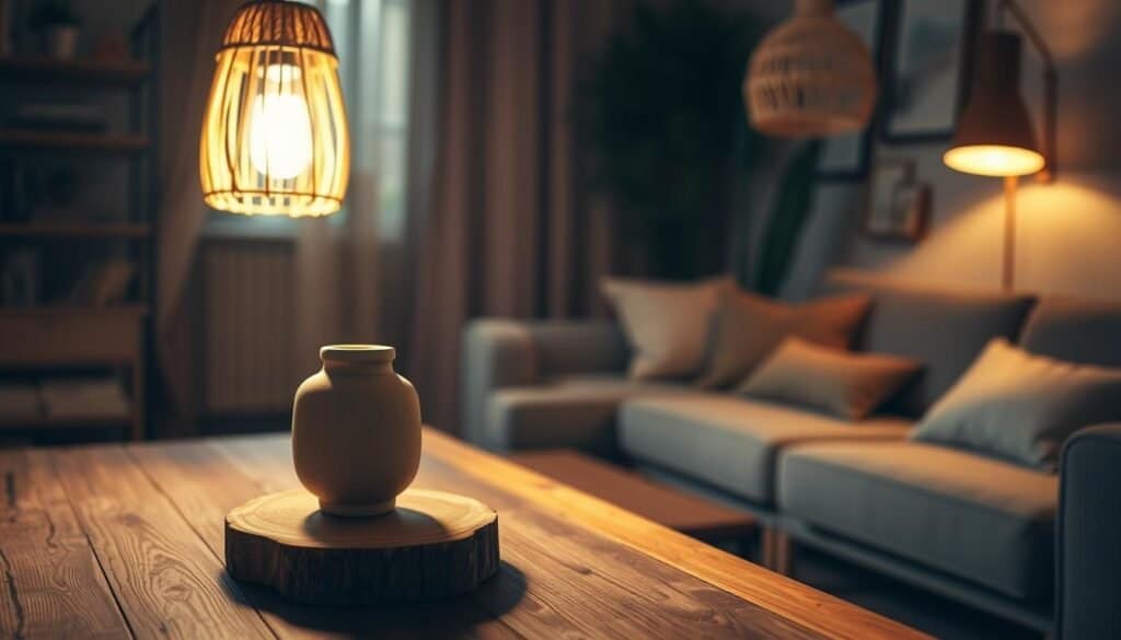 A warmly lit, cozy interior scene showcasing handcrafted lighting fixtures. In the foreground, a rustic wooden table adorned with a handmade ceramic lamp, casting a soft, inviting glow. The middle layer features a delicate pendant light made from woven natural fibers hanging over the table, illuminating the space with gentle rays. In the background, a softly blurred living room setup, with a plush sofa and decorative plants, enhancing the serene atmosphere. The lighting is warm and inviting, creating shadows that add depth and character. The angle captures the intimate setting from a slight overhead perspective, evoking a sense of comfort and tranquility, perfect for a DIY decor inspiration. The overall mood is calming and homely, making the space feel welcoming and stylish.