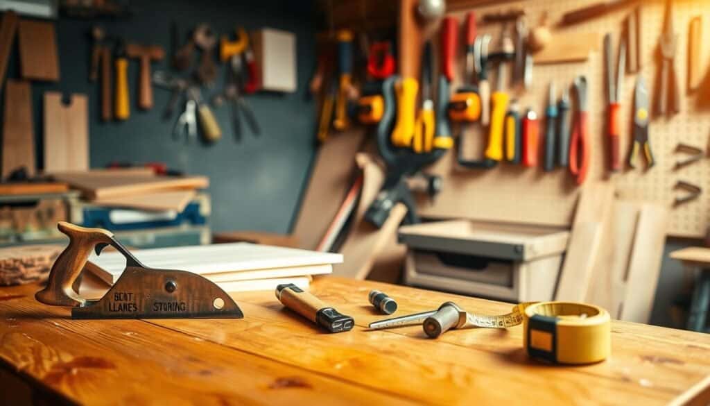 A well-lit woodworking workspace featuring essential beginner tools. In the foreground, a polished wooden workbench holds a hand saw, a set of chisels, a small hammer, and a tape measure neatly arranged. In the middle ground, a few pieces of softwood and plywood lie ready for use, while a rustic tool chest is partially visible. The background includes a wall-mounted pegboard, organized with clamps, screwdrivers, and measuring tools, illuminated by warm, soft lighting creating a cozy atmosphere. A gentle depth of field blur adds focus to the tools. The scene captures an inviting, encouraging mood, perfect for inspiring DIY enthusiasts.