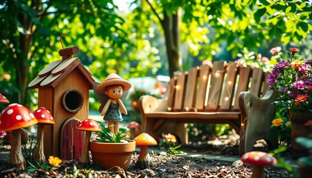 A whimsical garden scene filled with charming decorations made from wood. In the foreground, imagine a colorful birdhouse adorned with intricate carvings, surrounded by playful wooden mushrooms painted in bright hues. A wooden fairy statue peeks from behind a flower pot, adding a touch of magic. The middle ground features a quaint bench with artistic woodwork, draped in twinkling fairy lights that shimmer softly. In the background, lush green foliage and blooming flowers provide a vibrant backdrop, with dappled sunlight filtering through the leaves, casting gentle shadows. The atmosphere is cheerful and inviting, evoking a sense of creativity and wonder in this enchanting outdoor space. The scene is captured with natural lighting, highlighting the textures of the wood and plants, and the angle is slightly elevated to encompass the entire whimsical setting.
