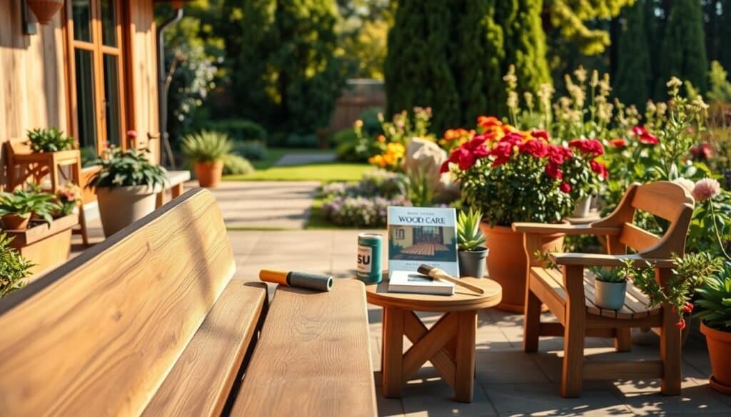 An inviting outdoor space showcasing essential maintenance tips for wooden accents. In the foreground, a sturdy wooden bench with visible grain patterns, surrounded by potted plants and tools like sandpaper and varnish bottles. The middle ground features a small wooden table displaying a paint can, brushes, and a book on wood care, hinting at maintenance activities. The background reveals a tranquil garden adorned with vibrant flowers and tall trees bathed in warm afternoon sunlight, enhancing the peaceful atmosphere. Soft shadows and a slight bokeh effect keep the focus on the wooden elements. Capture this scene with a slightly elevated angle to highlight both the wood maintenance tools and the surrounding greenery, evoking a sense of care and attention to outdoor living.