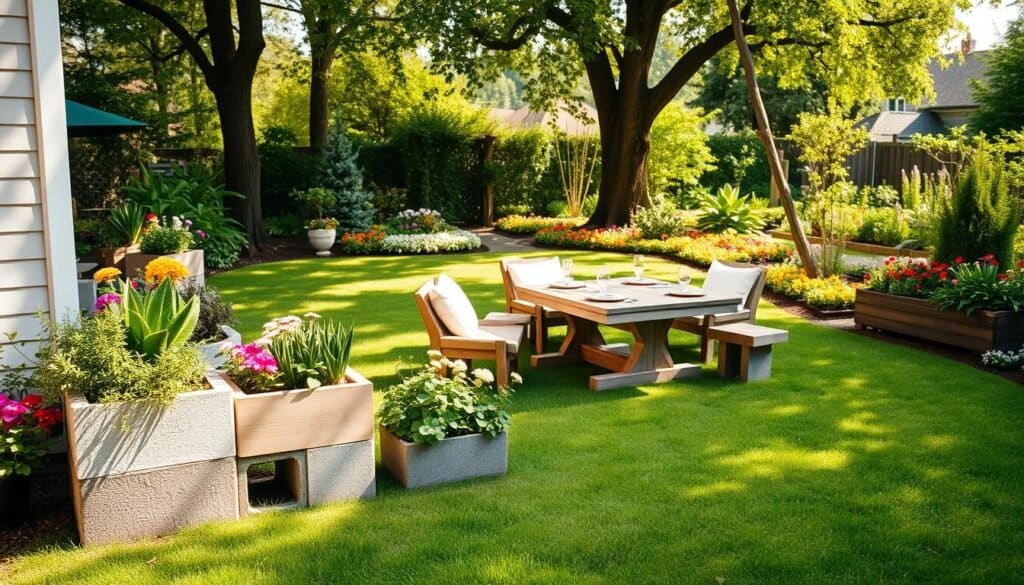 Cinder block garden planters arranged in a charming backyard setting, showcasing a variety of vibrant flowers and greenery spilling from the blocks. In the foreground, focus on a few unique planters made from stacked cinder blocks, some painted in light pastel colors. The middle ground features a well-manicured lawn with a wooden outdoor table set for a leisurely afternoon, surrounded by plush cushions and a peaceful vibe. In the background, a lush garden filled with tall trees and colorful flower beds completes the scene. Soft, warm sunlight filters through the leaves, casting gentle shadows. Capture this image with a slight aerial perspective, emphasizing the textured surfaces of the cinder blocks and the lively colors of the plants, evoking a mood of tranquility and creativity in the fresh air.