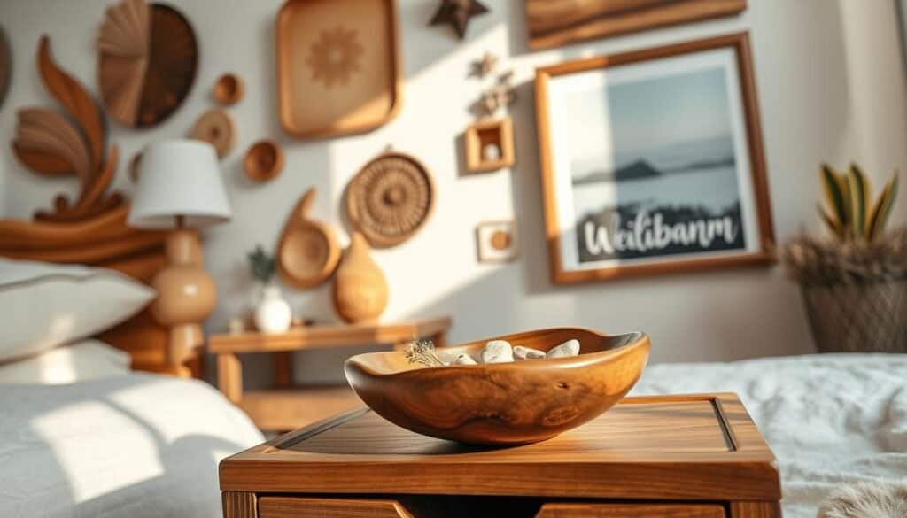 Decorative wooden objects for a cozy bedroom setting, featuring a beautifully crafted wooden bedside table with smooth, warm tones, a simple wooden lamp casting a soft, inviting light, and a hand-carved wooden bowl filled with natural elements like dried flowers or pebbles. In the background, diverse wooden wall art adds warmth, while wooden frames surround serene nature prints. The scene should be well-lit with a soft afternoon glow filtering through a nearby window, creating gentle shadows. The angle should show a slight overhead view, capturing an inviting atmosphere that evokes a sense of calm and balance. Perfect for illustrating how small wooden details can enhance a bedroom's serenity and charm.