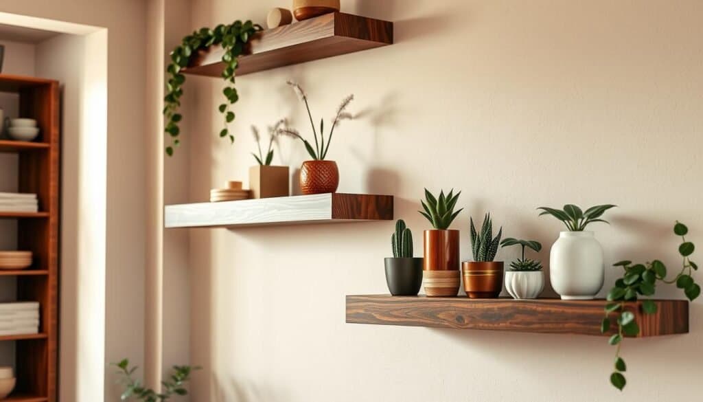 Floating wooden shelves styled in a cozy, inviting room. In the foreground, showcase two elegant floating shelves made of rich, dark wood, adorned with potted plants and artful decorative items, emphasizing warmth and functionality. The middle ground features a lightly textured wall painted in soft beige, providing a gentle contrast to the shelves. In the background, a hint of natural light filters through a nearby window, enhancing the serene atmosphere. Capture the image from a slightly elevated angle, emphasizing the depth of the shelves and their interaction with the surrounding decor. The overall mood should convey a sense of tranquility and homey comfort, making the viewer feel drawn to the space. No overlays, logos, or text.