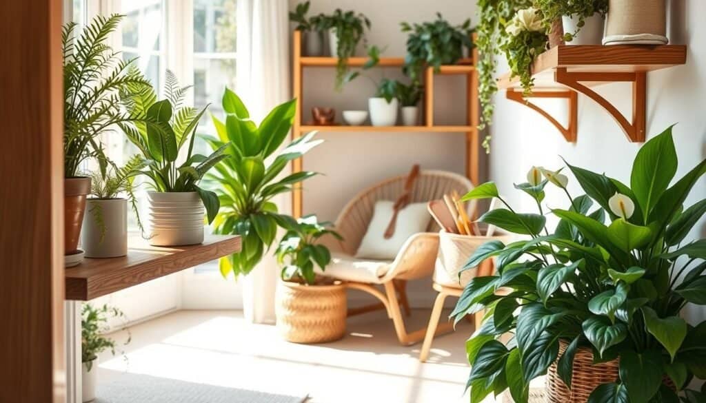 Indoor setting featuring a variety of lush indoor plants in decorative pots, including ferns, snake plants, and peace lilies, arranged harmoniously on natural wood shelves. These shelves, crafted from warm oak and pine, provide a beautiful contrast to the vibrant greenery. Soft, diffused sunlight streams through a nearby window, casting gentle shadows that enhance the texture of the wood and plants. In the background, a cozy reading nook with a comfortable chair and a woven basket filled with gardening tools creates an inviting atmosphere. The overall mood is serene and grounded, ideal for a space that feels connected to nature. Capture this scene with a slightly angled perspective to offer depth, focusing on the interplay of plants and wood accents.