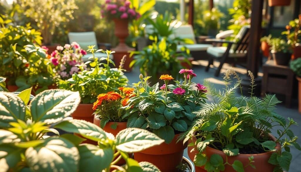 Lush, vibrant plants ideal for a home garden, featuring a variety of leafy greens, colorful flowering plants, and fragrant herbs, arranged harmoniously in terracotta pots and wooden planters. In the foreground, a close-up of dew-kissed leaves reflects the soft sunlight, inviting tranquility. The middle section displays a beautifully arranged cluster of herbs, like basil and mint, alongside cheerful marigolds and delicate ferns, all basking in bright, natural light. In the background, a serene outdoor sanctuary with greenery surrounds a cozy seating area, illuminated by the golden hour glow, creating a warm and inviting atmosphere. The composition should evoke calmness and inspire a sense of peace, with soft shadows playing across the scene, shot from a slightly elevated angle to capture depth and lushness. Lush, vibrant plants ideal for a home garden, featuring a variety of leafy greens, colorful flowering plants, and fragrant herbs, arranged harmoniously in terracotta pots and wooden planters. In the foreground, a close-up of dew-kissed leaves reflects the soft sunlight, inviting tranquility. The middle section displays a beautifully arranged cluster of herbs, like basil and mint, alongside cheerful marigolds and delicate ferns, all basking in bright, natural light. In the background, a serene outdoor sanctuary with greenery surrounds a cozy seating area, illuminated by the golden hour glow, creating a warm and inviting atmosphere. The composition should evoke calmness and inspire a sense of peace, with soft shadows playing across the scene, shot from a slightly elevated angle to capture depth and lushness.