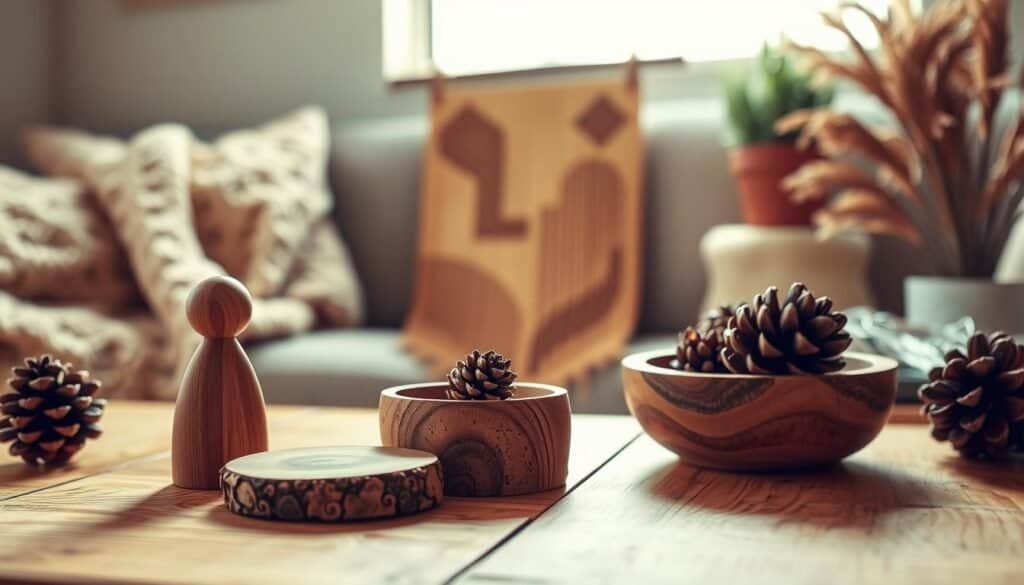 Realistic image of beautifully crafted wooden decorations arranged on a rustic wooden table, with a focus on intricate carving and natural grain patterns. In the foreground, a delicate wooden figurine sits next to a small wooden bowl filled with pinecones. In the middle ground, a handcrafted wooden wall hanging with abstract shapes adds depth, while a soft, warm light illuminates the scene, creating gentle shadows. The background features a blurred glimpse of cozy home elements, like a knitted throw and a potted plant, enhancing the inviting atmosphere. The overall mood should evoke warmth and tranquility, showcasing the charm of wooden details in home décor.