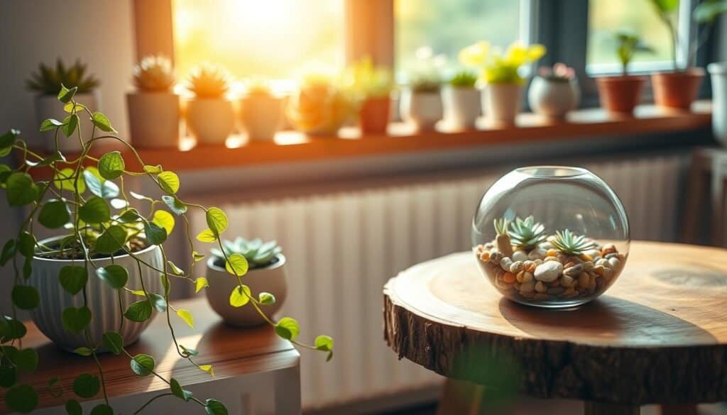 Small indoor plants, such as succulents and ferns, nestled in stylish ceramic pots, arranged on a sunlit wooden shelf. In the foreground, a vibrant green pothos plant cascades elegantly, its trailing vines adding life and movement. In the middle ground, a rustic wooden table features a terrarium filled with colorful pebbles and miniature plants, creating a focal point. The background is softly blurred with warm, natural light streaming through a large window, illuminating the space and enhancing the serene atmosphere. The overall mood is calm and inviting, celebrating the beauty of small plants in enriching indoor decor. The composition captures a cozy, modern living space, showcasing the impact of greenery in enhancing the environment.