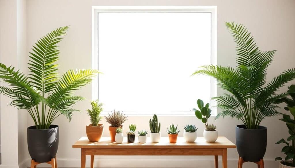 Symmetrical plant arrangements in a modern living space, featuring two identical large potted ferns flanking a wooden console table in the foreground. In the middle, a wide, bright window lets in soft, natural light, illuminating various smaller potted succulents and a snake plant on the table, arranged in a balanced composition. The background shows a lightly textured wall painted in a soft pastel color, enhancing a serene atmosphere. The room should feel airy and inviting, with a warm glow cast by the sunlight. Capture this scene from a slightly elevated angle, giving a clear view of the harmonious arrangement, with soft shadows adding depth and a welcoming feel to the overall image.