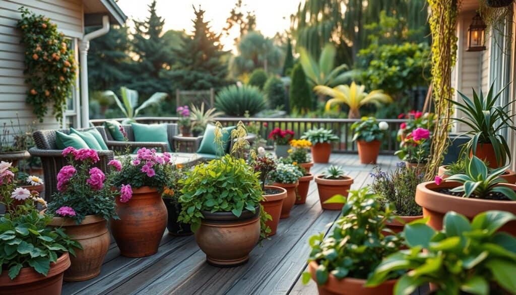 Vibrant outdoor container gardens in a tranquil residential setting, featuring an array of colorful, healthy plants including blooming flowers, lush herbs, and cascading vines. The foreground showcases beautifully arranged clay pots and wooden planters on a rustic wooden deck, with a cozy seating area elegantly decorated with green cushions. In the middle ground, various sizes of container gardens incorporate a variety of textures and colors, adding visual interest and enhancing the natural beauty of the space. The background reveals a serene garden with tall trees and softly flowing plants, bathed in warm, soft golden hour lighting. The atmosphere feels inviting and refreshing, evoking a sense of calm and connection with nature. Shot at an eye-level angle with a shallow depth of field, the focus is on the containers, allowing the lush greenery to blur gently into the background, creating an idyllic escape. Vibrant outdoor container gardens in a tranquil residential setting, featuring an array of colorful, healthy plants including blooming flowers, lush herbs, and cascading vines. The foreground showcases beautifully arranged clay pots and wooden planters on a rustic wooden deck, with a cozy seating area elegantly decorated with green cushions. In the middle ground, various sizes of container gardens incorporate a variety of textures and colors, adding visual interest and enhancing the natural beauty of the space. The background reveals a serene garden with tall trees and softly flowing plants, bathed in warm, soft golden hour lighting. The atmosphere feels inviting and refreshing, evoking a sense of calm and connection with nature. Shot at an eye-level angle with a shallow depth of field, the focus is on the containers, allowing the lush greenery to blur gently into the background, creating an idyllic escape.