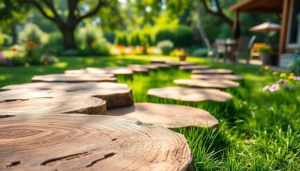 Wooden stepping stones arranged harmoniously in a lush backyard, each stone uniquely textured with rich, natural wood grains. In the foreground, a close-up view captures the intricate details of the stones' surfaces, slightly weathered for a rustic charm. The middle ground features a winding pathway of stepping stones leading through vibrant green grass, bordered by colorful wildflowers. Soft, dappled sunlight filters through overhead trees, creating a warm, inviting atmosphere. The background showcases a tranquil garden scene with blurred hints of garden furniture and gentle foliage. The overall mood is serene and rejuvenating, reminiscent of peaceful outdoor moments. Use a shallow depth of field to focus on the stepping stones while maintaining a dreamlike quality in the background.