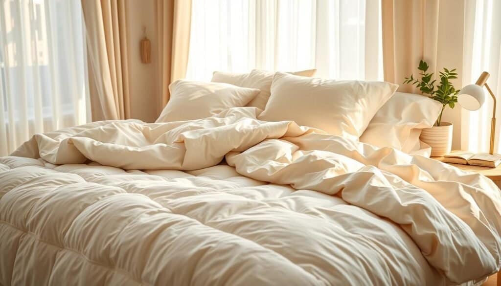A beautifully arranged bed featuring luxurious, soft bedding that exudes ultimate comfort. In the foreground, show an inviting quilt with a fluffy duvet, piled high with plush, oversized pillows in pastel shades. The middle ground should include soft throws casually draped over the bed, suggesting warmth and coziness. The background features a softly illuminated bedroom with light filtering through sheer curtains, creating a serene atmosphere. Include elements like a wooden nightstand with a small, tranquil plant and a softly glowing bedside lamp to enhance the soothing vibe. The lighting should be bright and airy, emphasizing the textures of the bedding and casting gentle shadows. Aim for a mood that feels calming and restful, perfect for a peaceful retreat in a well-decorated space.