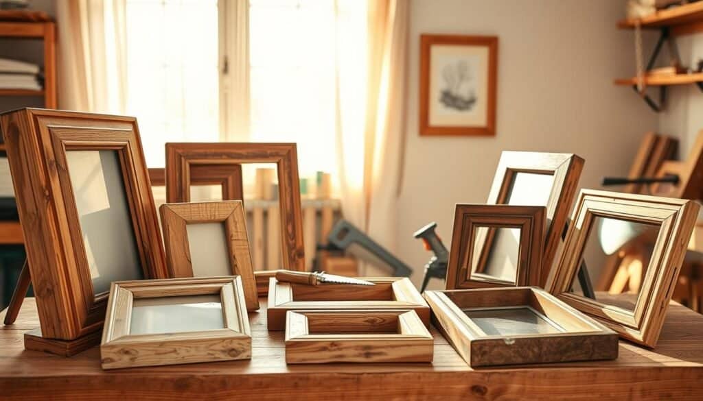 A beautifully arranged collection of rustic DIY wooden picture frames in a cozy, homey setting. The foreground features several unique frames made from reclaimed wood, showcasing a variety of textures and finishes, with gently worn edges and knots visible. In the middle, a well-worn workbench holds essential tools like a handsaw, clamps, and sandpaper, hinting at the DIY nature of the project. The background features a softly lit window with sheer curtains, allowing warm sunlight to bathe the scene in a natural glow. The mood is inviting and inspiring, encouraging creativity and hands-on craftsmanship. Focus on capturing intricate details like wood grain and tool placements, with a warm color palette to evoke a sense of comfort and home.