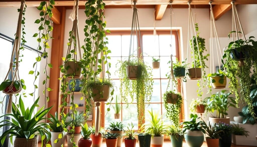 A beautifully arranged display of innovative hanging plants that bring life and vertical interest to a space. In the foreground, vibrant green trailing vines cascade elegantly from macramé hangers suspended from a wooden ceiling beam. The middle ground showcases a variety of unique plant arrangements in colorful ceramic pots, varying in size, some with flowers peeking through the leaves. In the background, soft sunlight filters through a large window, illuminating the scene with a warm, inviting glow. The atmosphere feels fresh and airy, emphasizing the harmony between wood and plant decor. Use a wide-angle lens to capture the entire composition, ensuring a well-lit and cheerful ambiance, suitable for a modern home setting.