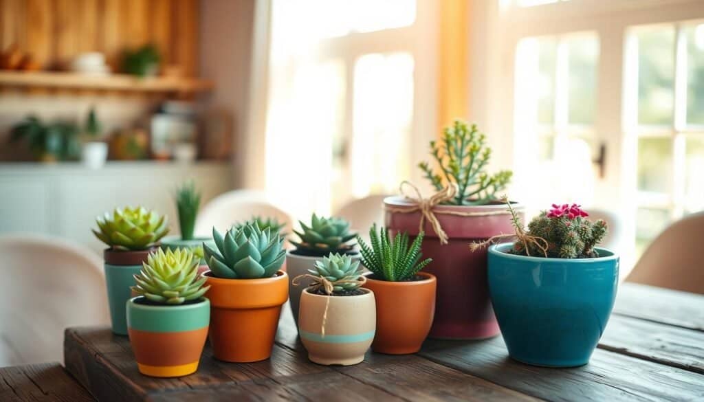 A beautifully arranged display of small potted plants as thoughtful gifts, set on a rustic wooden table. In the foreground, delicate succulent plants in vibrant ceramic pots, showcasing shades of green, terracotta, and pastel colors. The middle ground features a few larger pots with compact ferns and small flowering plants, arranged next to handmade gift cards tied with twine. The background includes a softly blurred interior space filled with natural light streaming in through large windows, illuminating the scene with a warm and inviting atmosphere. The room has soft, neutral tones and accents of light wood, creating an airy and peaceful vibe. The composition evokes feelings of warmth and thoughtfulness, ideal for conveying the beauty of giving small plants as gifts.
