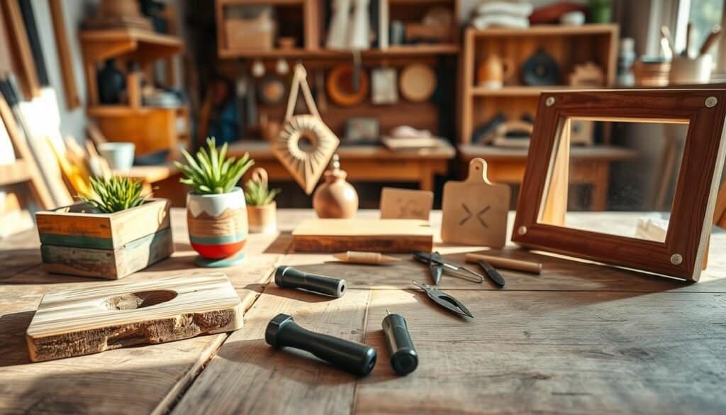 A beautifully arranged display of upcycled scrap wood crafts on a rustic wooden table, featuring a variety of projects such as a small planter, a decorative wall hanging, and a unique picture frame. The foreground showcases these crafts in detail, with textures of aged wood and vibrant paint colors catching the soft, natural sunlight. In the middle, a few hand tools are scattered casually, hinting at the DIY process, while in the background, a cozy workshop setting is visible, with tools and wooden shelves bathed in a warm, inviting glow. The overall atmosphere is creative and cheerful, evoking a sense of accomplishment and joy in crafting. The image captures a bright, airy feel with a focus on woodworking creativity.