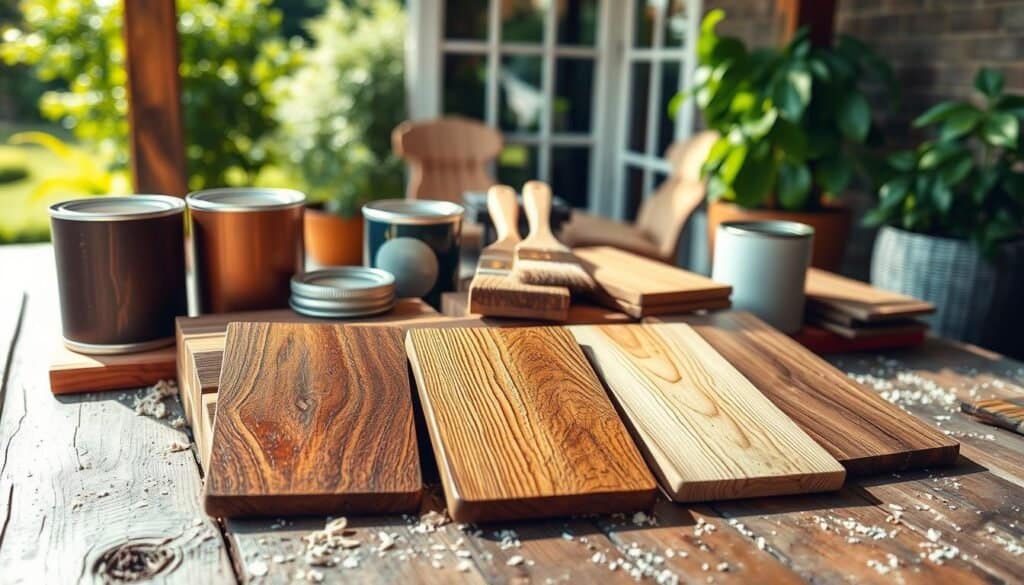 A beautifully arranged display of various wood finishes and treatments on a rustic wooden table. In the foreground, there are samples of treated wood showcasing rich tones—deep mahogany, warm chestnut, and soft pine. Each sample glistens under soft sunlight, highlighting the textures and grains. The middle layer features paint cans and brushes, suggesting an ongoing finishing project, surrounded by scattering of sawdust that adds a natural touch. In the background, a cozy outdoor space is visible, framed by lush greenery that enhances the atmosphere of tranquility. The scene is bathed in bright natural light, creating an inviting and airy feel, with a shallow depth of field focusing on the finishes to emphasize their transformative qualities.